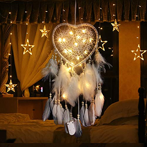RAILONCH Herz Traumfänger Boho-Stil Handgefertigt LED Licht Wandbehang Romantische Dekoration (Weiß,Mit Lichtern) von RAILONCH