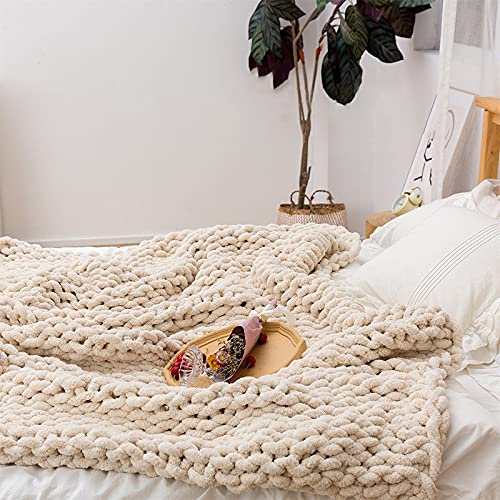 RAILONCH Strickdecke,Grob Gestrickte Wolldecke Stricken Handgewebte Chenille Grobstrick Überwurf Decke für Haustier Bett Stuhl Sofa Tagesdecke Strick (Beige weiß,80x100cm) von RAILONCH