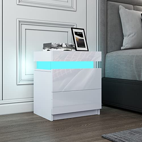 Weiß Nachttisch Moderner LED Licht Nachtschrank Hochglanzfront Nachttische Beistelltisch mit 2 Schubladen Flip Cover für Schlafzimmer von RAIN PAVILION LIMITED