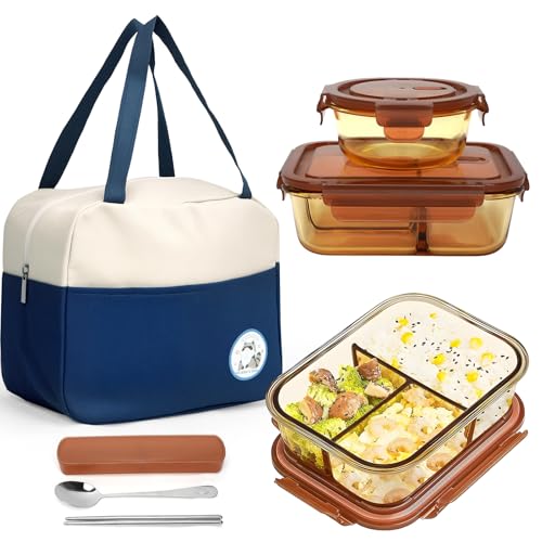 3 Fächern Lunchbox mit Suppenschüssel, Aufbewahrungstasche und Besteck – Tragbares Bento Box Set Geeignet für Schule, Arbeit, Picknicks und Reisen, Bento Box für Erwachsene und Kinder von RAIN QUEEN