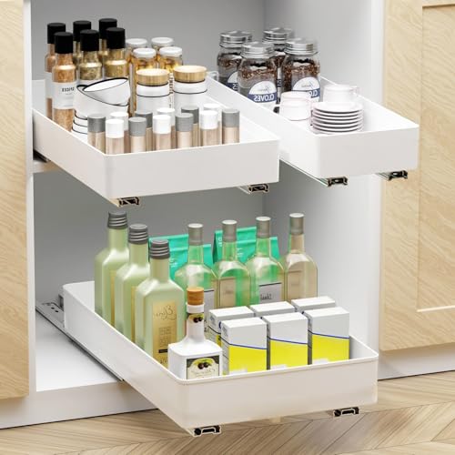 RAIN QUEEN 3 Stück Ausziehbare Küche Schubladen Organizer Küchenschrank Teleskopschublade mit Nano-Folienboden für Küche Vorratskammer und Bad (3 Größen,Keine Stanzung erforderlich) (weiß) von RAIN QUEEN