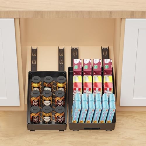 RAIN QUEEN 4 Stück Ausziehbare Küche Schubladen Organizer Küchenschrank Teleskopschublade mit Nano-Folienboden für Küche Vorratskammer und Bad(2 Größen, kein Loch Stanzen erforderlich, schwarz) von RAIN QUEEN