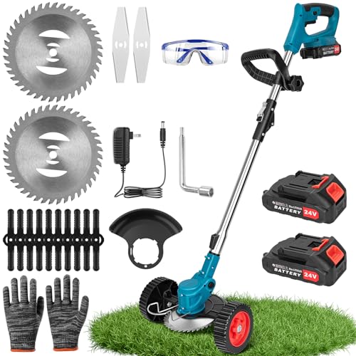 Elektro-Unkraut-Wacker mit Schnellladegerät, 3-in-1 Akku-Unkraut-Eater, einstellbare Höhe Brush Cutte, Akku-Unkraut-Wacker mit 2 Batterien 1 Ladegerät und 16 Schneidklingen für Rasengart-Garten von RAINBEAN