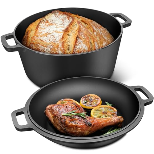 RAINBEAN 2-in-1 Pre-Seasoned Cast Iron Pot with Skillet Lid Cooking Pan,5.5 QT Dual Handles Pot with Lid,Heavy-Duty Non-stick Round for Bread Baking, Stewing, Roasting von RAINBEAN
