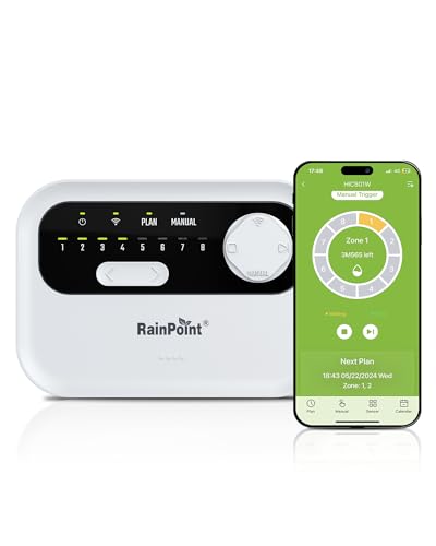 RAINPOINT Bewässerungscomputer, 8 Zonen Smart WiFi Bewässerungssteuerung, App-Überwachung, Automatische Planung, Regenvorhersage, saisonale Anpassung, Steuerung von überall, einfache Installation von RAINPOINT