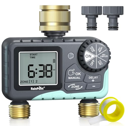 RAINPOINT Bewässerungscomputer 2 ausgängen mit Messingeinlass und -auslass Regenverzögerung/manuelle/automatische Bewässerung zeitschaltuhr Programmierbare Wasserhahn-Zeitschaltuhr für Garten von RAINPOINT