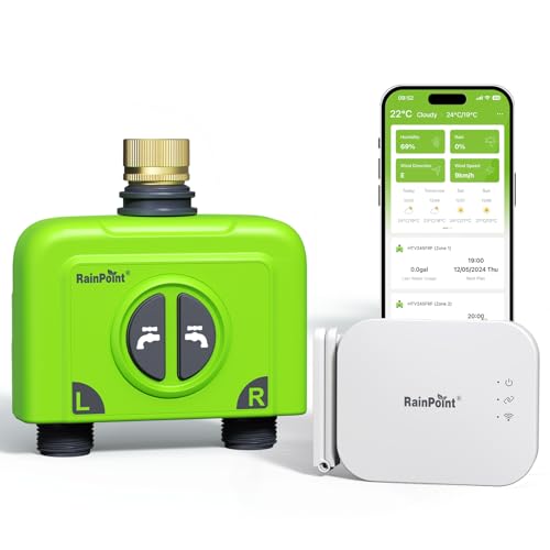 RAINPOINT Bewässerungscomputer WLAN 2 Ausgänge mit Antennen-Gateway und Messingeinlass Smart Bewässerungssteuerung mit APP/Sprachsteuerung IP65 Garten Automatische Bewässerungssystem, 2x6 Zeitplänen von RAINPOINT