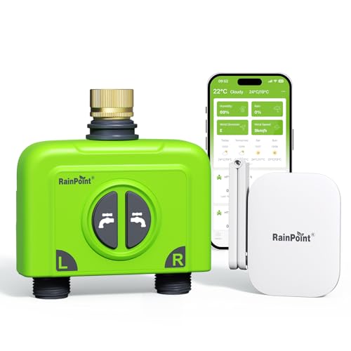 RAINPOINT Bewässerungscomputer WLAN 2 Ausgänge mit Antennen-Gateway und Messingeinlass Smart Bewässerungssteuerung mit APP/Sprachsteuerung IP65 Garten Automatische Bewässerungssystem, 2x6 Zeitplänen von RAINPOINT
