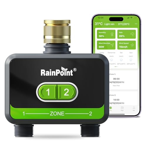 RAINPOINT Bewässerungscomputer Bluetooth 2 Ausgänge, Messingeinlass, Automatische Garten Bewässerungsuhr mit App/Sprachsteuerung, Bewässerungssystem für Gewächshaus Rasen Garten, ohne WiFi Hub von RAINPOINT