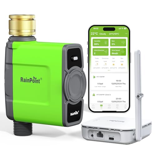 RAINPOINT Bewässerungscomputer Wlan mit Antennen-Gateway und Messingeinlass IP65 Bewässerungssteuerung mit APP/Sprachsteuerung Wetterbasiert Automatisches Bewässerungssystem für Garten von RAINPOINT