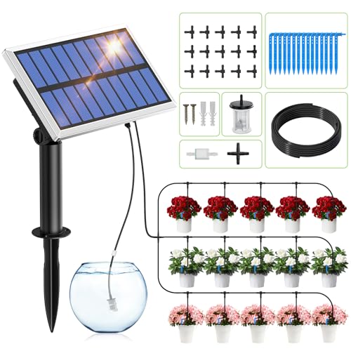 RAINPOINT Solar Bewässerungssystem Garten, Anti-Siphon, Automatische Solar Bewässerung mit 1200 mAh Akku, 6 Timing-Modi, DIY Tropfbewässerungset für 15 Balkon- und Gewächshaus-Topfpflanzen von RAINPOINT