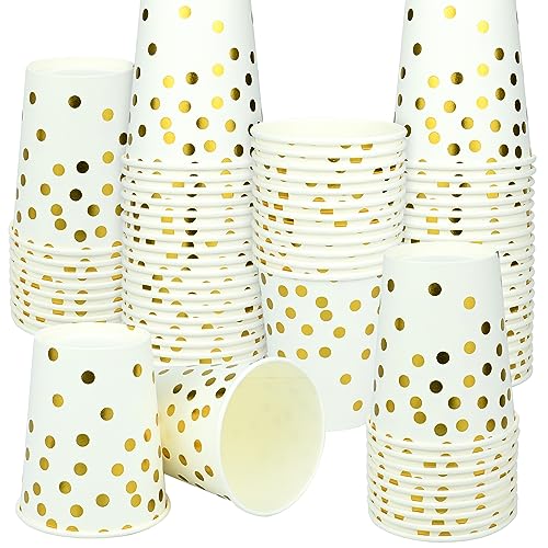 100 Stück 250ml Pappbecher Golden Dot, Partybecher mit Golden Pünktchen, Trinkbecher für Party Geburtstag Hochzeit, Kaffeebecher, Biologisch Abbaubar Papier Becher für Tee Heißen und Kalten Getränken von RAINPOP