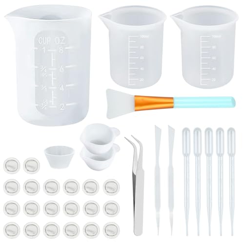 65 Stück Silikon Messbecher Epoxidharz Zubehör Set, 350ml 100ml Antihaft-Mischbecher, mit 50 Fingerlinge, Löffel, Pinzette, Farbbecher Mischbecher für Basteln Schmuck Machen Epoxidharz Gießformen von RAINPOP