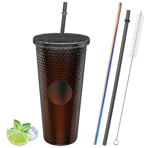 710ml Nieten Becher, Kaltbecher aus Kunststoff, Doppelwandiger Kaffeetasse mit Deckeln, Trinkbecher mit 2 Strohhalmen & Reinigungsbürste, Reisebecher To Go für Wasser Eiskaffee Getränke (Schokolade) von RAINPOP