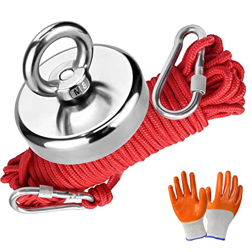 Magnet Fischen, 120KG (265 lbs) Zugkraft, Neodym Magnete Extra Stark mit 20 m (65 ft) robustem Seil und Schutzhandschuhen, leistungsstarke Magnete zum Angeln und zur Magnetischen Bergung von RAINPOP