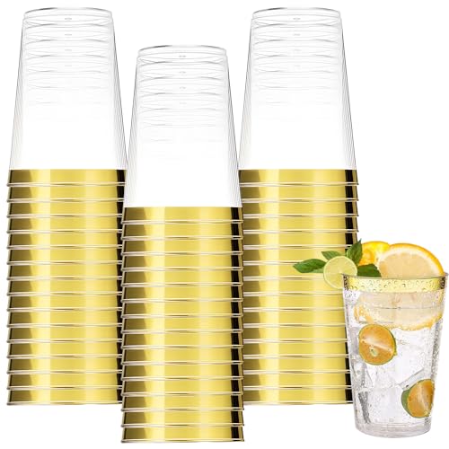 60 Stück 10oz/300ml Hartplastik Partybecher mit Goldrand, Wiederverwendbar Trinkbecher, Schnapsbecher, Partybecher Set für Getränke Champagner Cocktails, Plastik Becher für Geburtstage Hochzeit von RAINPOP