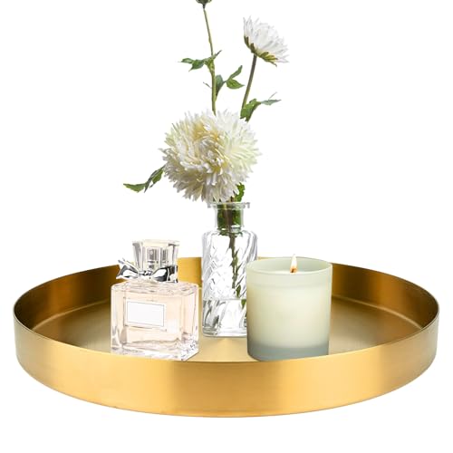 Tablett Gold Ø30cm Deko Tablett Rund aus Metall, TablettServiertablett Dekoteller, Edelstahl Platzteller Gold, Deko GoldTablett für Adventskranz Teller Dessert Kosmetik Schmuck Kerzen Tee-Set Vasen von RAINPOP