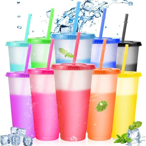 Wiederverwendbare Kunststoffbecher mit Deckel und Strohhalmen, 680 ml, Eiswasser-Farbwechselbecher, Eiskaffeebecher, Becher-Set, BPA-frei, für Kaffee, Smoothie, Slushy, Partybecher für Kinder und von RAINPOP