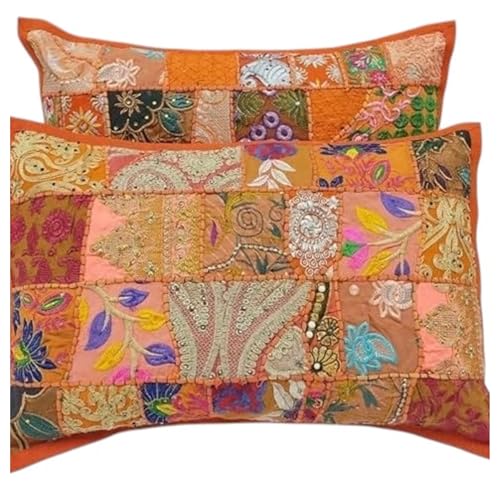 RAJBHOOMI HANDICRAFTS Baumwoll-Patchwork-Kissenbezug, handgefertigt, dekorativer Kissenbezug für Couch, Sofa, Bett oder Heimdekoration, 61 x 40 cm (Orange) von RAJBHOOMI HANDICRAFTS