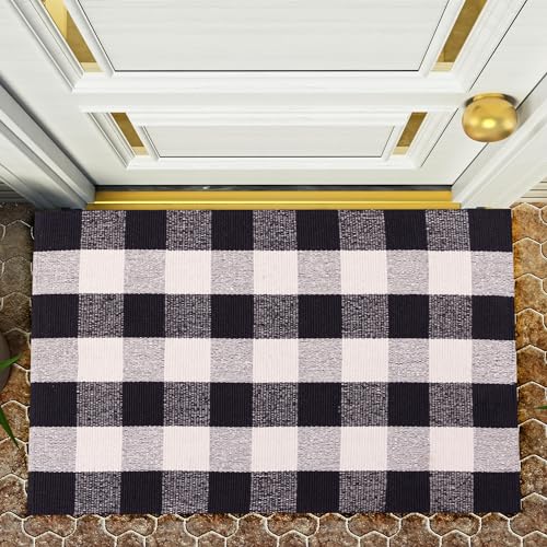 RAJRANG Cotton Reversible Karierte Teppich aus Waschbüffel büffeln Karierte Innenräume im Freien Eingangsmatte im Freien im Außenbereich Schwarz und weißer Teppich 70 x 109 cm von RAJRANG BRINGING RAJASTHAN TO YOU