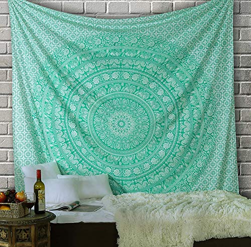 RAJRANG BRINGING RAJASTHAN TO YOU Elefant Mandala Wandteppich Boho Bohemian Dekor Wandbehang Hippie Wandbehänge Mandala Stoff 228 x 213 cm Grün von RAJRANG BRINGING RAJASTHAN TO YOU