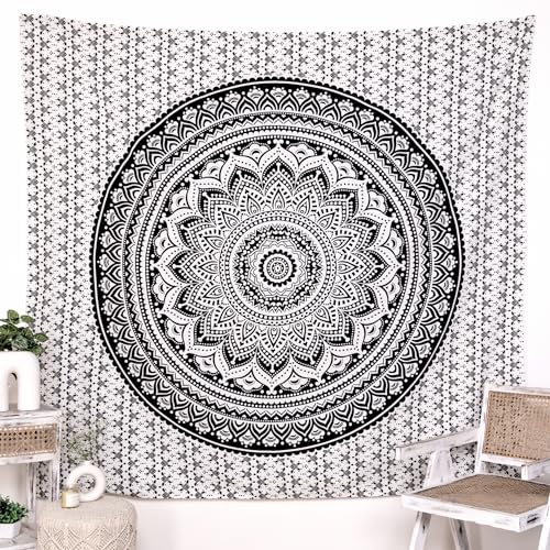 Elefanten-Mandala-Wandteppich, Baumwolle, Wandbehang, Hippie-Wandteppiche, Hippie-Strandüberwurf, College-Wohnheim-Dekoration, Bohemian-Boho-Bettlaken – Schwarz – Queen – 213 x 229 cm von RAJRANG BRINGING RAJASTHAN TO YOU