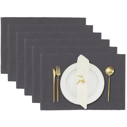 Dinner Table Mat 6er-Set aus fein Gerippter Baumwolle - Esstischsets Moderne Küchentisch Platzset Abwaschbar für Cafés Restaurants 49X33 cm - Kohlengrau von RAJRANG BRINGING RAJASTHAN TO YOU