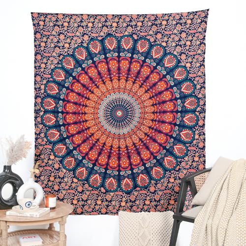 Goldblauer Pfauen-Mandala-Wandteppich – Wandbehang, psychedelische Boho-Bettwäsche, dekorative böhmische Hippie-Wandteppiche für Wohnzimmer, Schlafzimmer – 137,2 x 213,4 cm von RAJRANG BRINGING RAJASTHAN TO YOU
