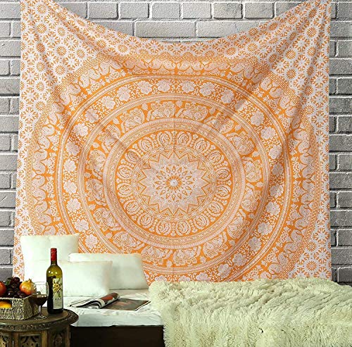 RAJRANG Indische Mandala Wandbehang Wandteppich dekorative Strandtuch Hippie Wandteppich Elefant werfen Wandteppich - 230 x 213 cm - Orange von RAJRANG BRINGING RAJASTHAN TO YOU