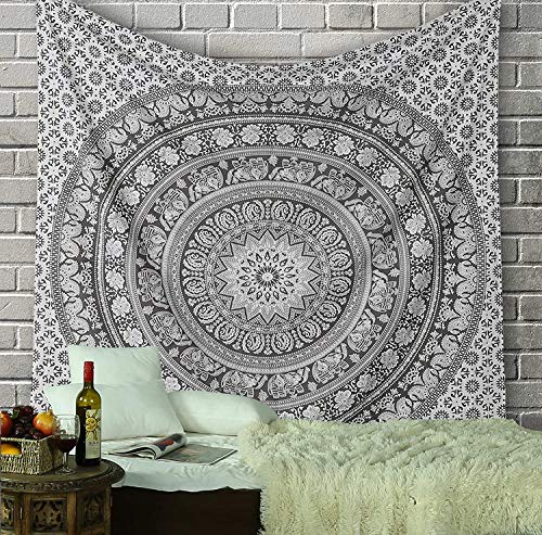 RAJRANG Indische Wandbehang Mandala Wandteppich Dekorative Strandtuch Hippie Wandteppich Elefant werfen Wandteppich 213x137 cm Grau von RAJRANG BRINGING RAJASTHAN TO YOU
