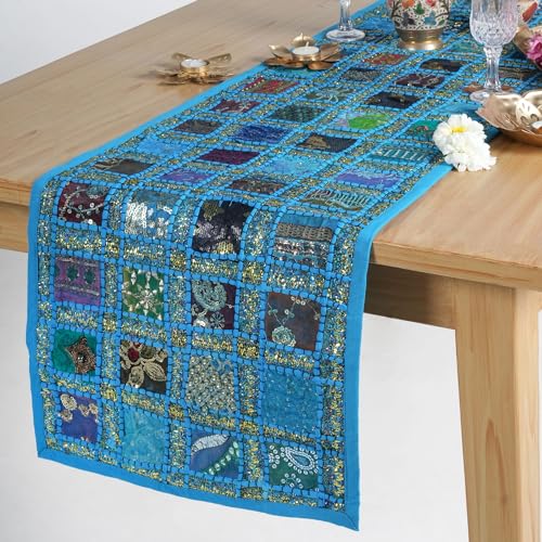 Indischer Patchwork Baumwolle Blau Tischläufer 41x183 cm Dekorativ Rajasthani Handbestickt Buntes Luxuskaffee Essen Stil Tischset Tisch Dekoration von RAJRANG BRINGING RAJASTHAN TO YOU