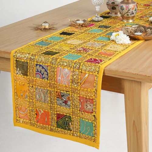 Patchwork Indischer Baumwolle Tischläufer Gelb 40x182 cm Dekorativ Rajasthani Handbestickt Buntes Luxuskaffee Essen Stil Tisch Dekoration von RAJRANG BRINGING RAJASTHAN TO YOU