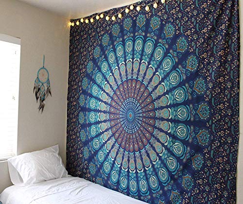 RAJRANG BRINGING RAJASTHAN TO YOU Pfauenmandala Tapisserie im Hippie-Stil Wandbehang Dekorative Wandteppiche Boho Baumwolle Bettüberwurf 213 x 137 cm Blau von RAJRANG BRINGING RAJASTHAN TO YOU