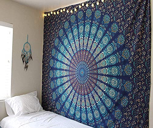 RAJRANG BRINGING RAJASTHAN TO YOU Peacock Mandala Wandteppiche Wandbehang Blaue Baumwolle Dekoration Boho Strandüberwurf 127x152 cm von RAJRANG BRINGING RAJASTHAN TO YOU