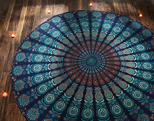 RAJRANG BRINGING RAJASTHAN TO YOU Pfauen Mandala Wandteppich Rund 183 cm Hippie Wandbehang Dekorativ Bohemian Stil Bettwäsche Handgefertigt Reine Baumwolle Blau von RAJRANG BRINGING RAJASTHAN TO YOU