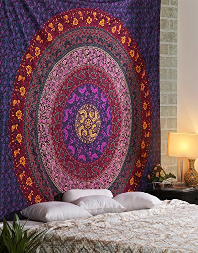 RAJRANG BRINGING RAJASTHAN TO YOU Psychedelische Tapisserie - Rosa und Blau - 228x274 cm - Tapisserien Große Wandbehang Mandalas - Bettlaken King Size Art Décor Tapestry von RAJRANG BRINGING RAJASTHAN TO YOU