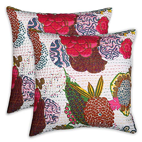 RAJRANG BRINGING RAJASTHAN TO YOU Baumwoll-Kissenbezug Dekorative Kantha-Kissenbezüge 2er-Set Weißer Kissenbezug 40x40 cm von RAJRANG BRINGING RAJASTHAN TO YOU