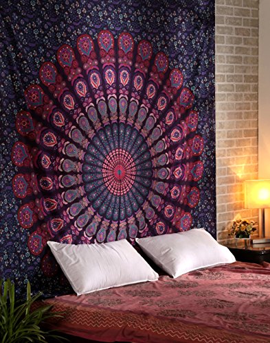 RAJRANG BRINGING RAJASTHAN TO YOU Baumwolle Mandala Rosa Bohemian Tapisserie 228 x 213 cm Hippie Pfau Wandbehang für Wohnzimmer Schlafzimmer dekorativ von RAJRANG BRINGING RAJASTHAN TO YOU