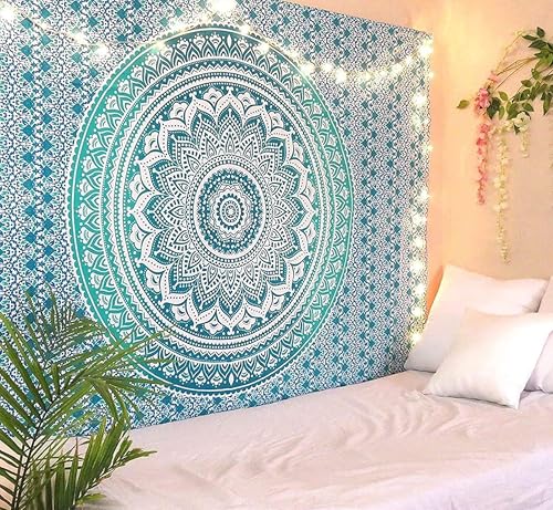 RAJRANG Mandala Wandteppich - Baumwolle, Meeresgrün, Boho Wandbehang für Wohnzimmer, Schlafzimmer, 229x213 cm von RAJRANG BRINGING RAJASTHAN TO YOU