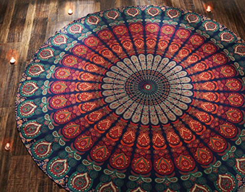 RAJRANG BRINGING RAJASTHAN TO YOU Boho Mandala Roundie Gypsy Hippie Tapisserie dekorative Baumwolle Tischdecke Meditation Yoga Matte Goldblau 183 cm von RAJRANG BRINGING RAJASTHAN TO YOU