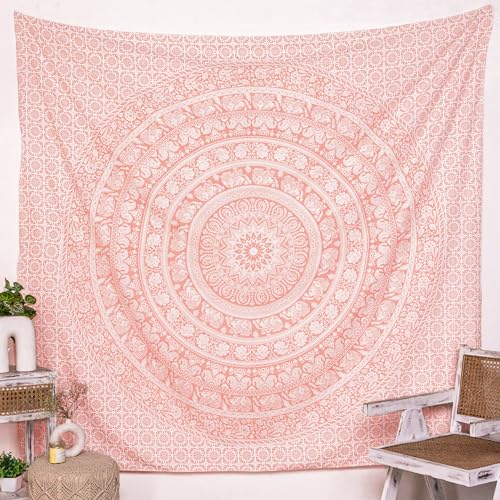 RAJRANG Boho kleiner Mandala-Wandteppich 127 x 152 cm, Roségold, ästhetische Elefanten-Wandteppiche, Hippie-Bohemien-Baumwoll-Wandbehang-Dekor von RAJRANG BRINGING RAJASTHAN TO YOU