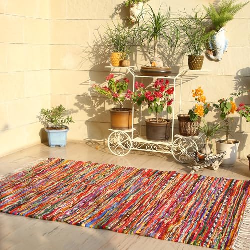 RAJRANG BRINGING RAJASTHAN TO YOU Chindi Fleece Teppich 91x152 cm farbenfroher Boho-Teppich Bauernhaus Dekor gewebte geflochtene Bodenteppiche mit Quaste von RAJRANG BRINGING RAJASTHAN TO YOU