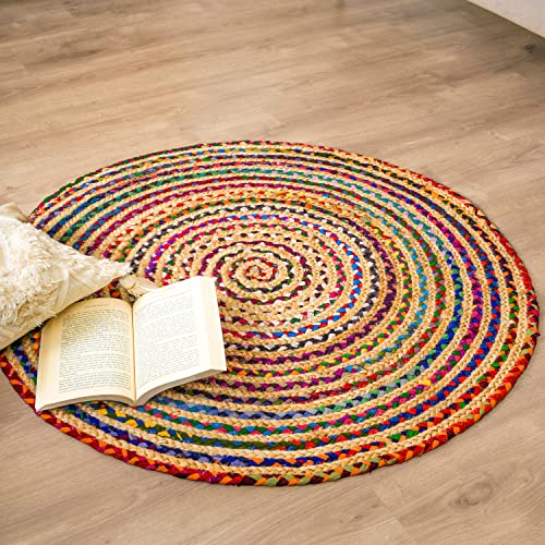 RAJRANG BRINGING RAJASTHAN TO YOU Chindi Jute Rag Rug 100% Baumwolle Handgewebte Runde Multi Color Boden Chindi Mat Recycled für Home Ddecor Boho Dekorative - 91 cm von RAJRANG BRINGING RAJASTHAN TO YOU