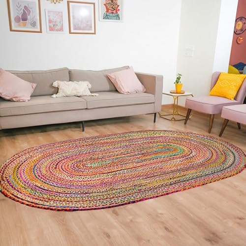 RAJRANG BRINGING RAJASTHAN TO YOU Chindi Jute Teppich Oval Jute Rug Baumwolle Handgewebter Mehrfarbenboden Chindi Matte für Wohnkultur Boho Dekorativ 152 x 91 cm von RAJRANG BRINGING RAJASTHAN TO YOU
