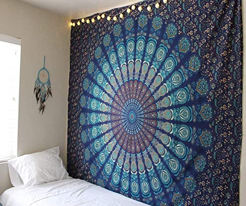 RAJRANG BRINGING RAJASTHAN TO YOU: Große Wandteppiche - Blau, 228 x 274 cm, Reine Baumwolle, Mandala, Dekorative Wandteppiche für Wohnzimmer von RAJRANG BRINGING RAJASTHAN TO YOU