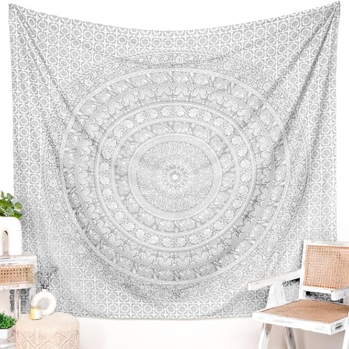 RAJRANG BRINGING RAJASTHAN TO YOU Kleiner silberner Mandala-Wandteppich für Schlafzimmer und Wohnzimmer, Boho-Bohemian-Wandbehang, Baumwoll-Wandteppiche 76 x 102 cm von RAJRANG BRINGING RAJASTHAN TO YOU