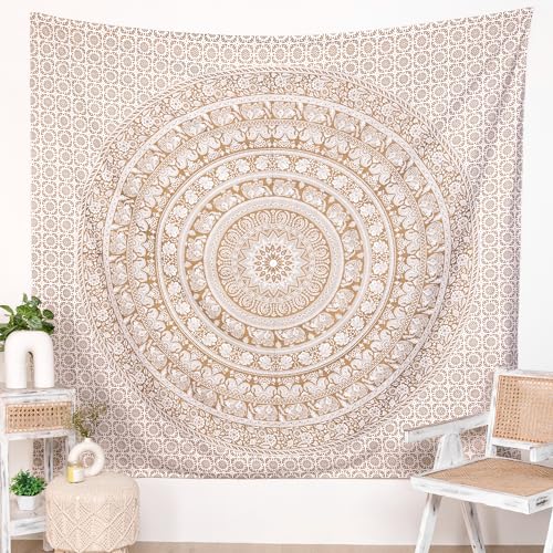 RAJRANG Mandala-Wandteppich für Schlafzimmer und Wohnzimmer, Dekoration, Boho-Stil, Bohemian-Stil, Wandbehang, Baumwoll-Wandteppiche, goldfarben 127 x 152 cm von RAJRANG BRINGING RAJASTHAN TO YOU