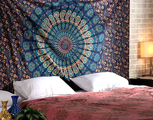 RAJRANG BRINGING RAJASTHAN TO YOU Mandala blau böhmisch Tapisserie 228 x 213 cm Baumwolle Wandbehang Tagesdecke Hippie Pfau Wandteppiche von RAJRANG BRINGING RAJASTHAN TO YOU