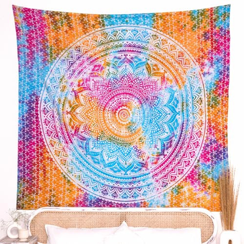 RAJRANG BRINGING RAJASTHAN TO YOU Ombre-Mandala-Wandteppich, mehrfarbig, King-Size-Größe, 229 x 274 cm, für Schlafzimmer und Wohnzimmer, Wandbehang, Baumwoll-Wandteppiche von RAJRANG BRINGING RAJASTHAN TO YOU