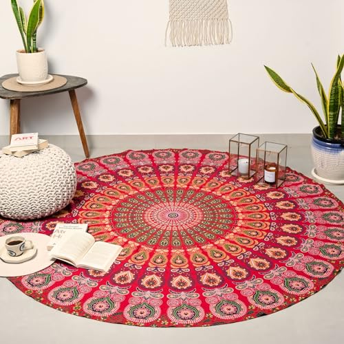 RAJRANG BRINGING RAJASTHAN TO YOU Runder Strandtuch-Wandteppich, goldenes Rot – Mandala-Roundie-Tischdecke, Boho-Chic-Baumwollüberwürfe für Picknick und Camping, 182,9 cm von RAJRANG BRINGING RAJASTHAN TO YOU